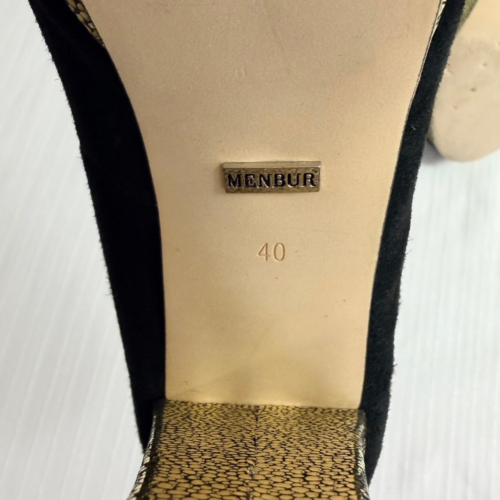 Menbur Womens Heels 40 Suede Peep Toe Platform Bow Gold Block Heel Black - Picture 6 of 7